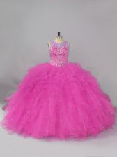  Scoop Sleeveless Lace Up Sweet 16 Quinceanera Dress Fuchsia Lace