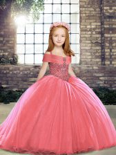  Watermelon Red Lace Up Pageant Dress for Girls Beading Sleeveless Brush Train