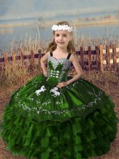  Sleeveless Organza Floor Length Lace Up Little Girls Pageant Dress Wholesale in Olive Green with Embroidery and Ruffled Layers