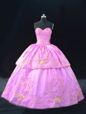Fine Sweetheart Sleeveless Vestidos de Quinceanera Floor Length Embroidery Lilac Satin