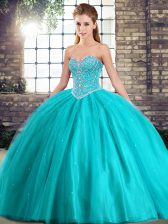 New Style Aqua Blue Sleeveless Beading Lace Up Quinceanera Gown