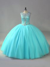 Glittering Aqua Blue Scoop Lace Up Beading 15th Birthday Dress Sleeveless