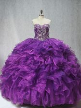 Colorful Sleeveless Organza Brush Train Lace Up Ball Gown Prom Dress in Purple with Beading and Ruffles