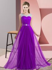 Custom Designed Chiffon Scoop Sleeveless Lace Up Beading Quinceanera Dama Dress in Purple