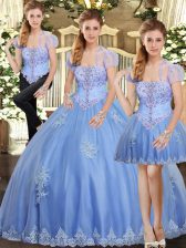  Light Blue Tulle Lace Up Strapless Sleeveless Floor Length Sweet 16 Dresses Beading and Appliques