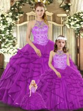  Purple Sleeveless Floor Length Beading and Ruffles Lace Up Sweet 16 Dress