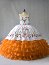 Most Popular Floor Length Orange 15 Quinceanera Dress Organza Sleeveless Embroidery and Ruffled Layers