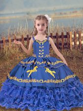  Blue Organza Lace Up Little Girl Pageant Dress Sleeveless Floor Length Beading and Embroidery and Ruffled Layers