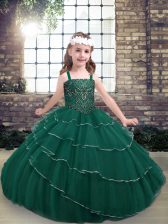  Peacock Green Sleeveless Floor Length Beading Lace Up Pageant Dress for Womens