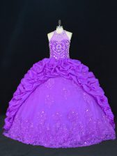  Floor Length Lace Up Sweet 16 Dresses Purple for Sweet 16 and Quinceanera with Beading and Appliques and Embroidery and Pick Ups