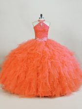  Orange Ball Gowns Halter Top Sleeveless Tulle Floor Length Lace Up Beading and Ruffles Quince Ball Gowns