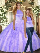 Colorful Lavender Ball Gowns Halter Top Sleeveless Tulle Floor Length Backless Ruffles Quinceanera Dress