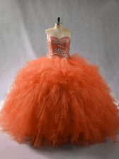 Clearance Orange Red Ball Gowns Beading and Ruffles Quinceanera Dress Lace Up Tulle Sleeveless Floor Length