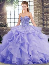 Classical Lavender Tulle Lace Up Sweetheart Sleeveless Sweet 16 Dresses Brush Train Beading and Ruffles