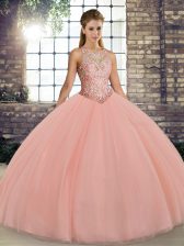 Glorious Tulle Scoop Sleeveless Lace Up Embroidery Quinceanera Gown in Peach