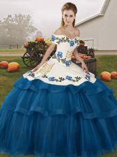  Blue Ball Gowns Embroidery and Ruffled Layers Sweet 16 Dress Lace Up Tulle Sleeveless