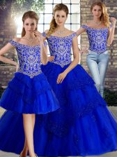 Hot Selling Royal Blue Lace Up Quinceanera Gowns Beading and Lace Sleeveless Brush Train