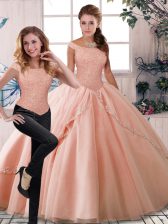  Lace Up Sweet 16 Dress Peach for Military Ball and Sweet 16 and Quinceanera with Beading Brush Train