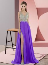 Dazzling Beading Prom Dress Lavender Zipper Sleeveless Sweep Train