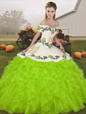  Yellow Green Ball Gowns Organza Off The Shoulder Sleeveless Embroidery and Ruffles Floor Length Lace Up Quinceanera Dresses