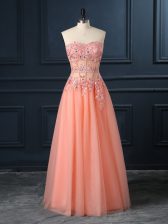 Luxurious Sleeveless Floor Length Lace and Appliques Zipper with Orange