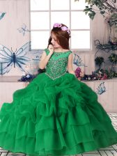 Fashion Green Zipper Pageant Gowns For Girls Beading and Pick Ups Sleeveless Floor Length