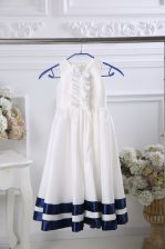  White Satin Zipper Flower Girl Dress Sleeveless Tea Length Ruffles