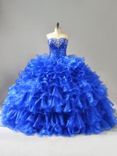 Dynamic Organza Sweetheart Sleeveless Lace Up Beading and Ruffles Ball Gown Prom Dress in Royal Blue