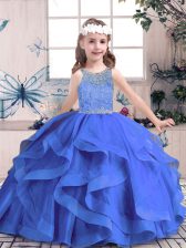Most Popular Ball Gowns Pageant Dress Wholesale Blue Scoop Tulle Sleeveless Floor Length Lace Up