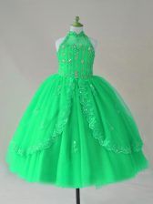  Sleeveless Lace Up Floor Length Beading and Appliques Little Girls Pageant Dress Wholesale