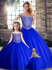 Comfortable Sleeveless Tulle Brush Train Lace Up Vestidos de Quinceanera in Royal Blue with Beading