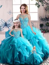 Modern Sleeveless Floor Length Beading and Ruffles Lace Up Quinceanera Dress with Aqua Blue