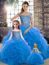 Fantastic Blue Ball Gowns Beading and Ruffles 15th Birthday Dress Lace Up Tulle Sleeveless
