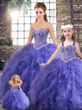  Lavender Ball Gowns Tulle Sweetheart Sleeveless Beading and Ruffles Floor Length Lace Up Sweet 16 Dress
