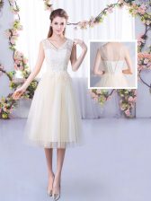  Champagne V-neck Lace Up Lace Court Dresses for Sweet 16 Sleeveless