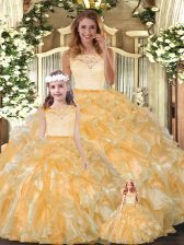  Gold Organza Clasp Handle Sweet 16 Quinceanera Dress Sleeveless Floor Length Lace and Ruffles