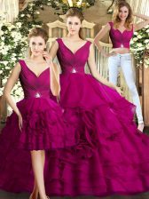 Custom Designed Fuchsia Sleeveless Organza Backless 15 Quinceanera Dress for Military Ball and Sweet 16 and Quinceanera