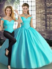 Dynamic Sleeveless Floor Length Beading Lace Up 15th Birthday Dress with Aqua Blue