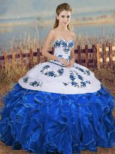 Floor Length Lace Up Sweet 16 Dress Blue And White for Military Ball and Sweet 16 and Quinceanera with Embroidery and Ruffles and Bowknot