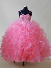  Spaghetti Straps Sleeveless Little Girls Pageant Dress Wholesale Floor Length Beading and Ruffles Pink Tulle