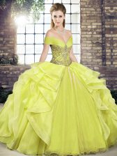 Flare Ball Gowns Vestidos de Quinceanera Yellow Off The Shoulder Organza Sleeveless Floor Length Lace Up