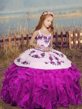  Fuchsia Straps Neckline Embroidery and Ruffles Pageant Gowns Sleeveless Lace Up