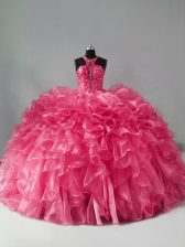  Hot Pink Zipper Halter Top Beading and Ruffles Quinceanera Dresses Organza Sleeveless