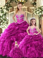 Admirable Fuchsia Ball Gowns Organza Sweetheart Sleeveless Beading and Ruffles Floor Length Lace Up Quinceanera Dresses