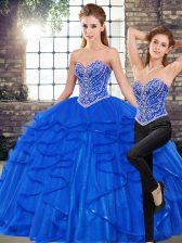  Royal Blue Two Pieces Sweetheart Sleeveless Tulle Floor Length Lace Up Beading and Ruffles Vestidos de Quinceanera
