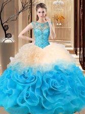 Luxurious Fabric With Rolling Flowers Scoop Sleeveless Lace Up Beading and Ruffles Ball Gown Prom Dress in Multi-color