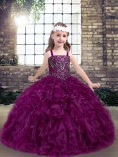 Popular Straps Sleeveless Little Girls Pageant Dress Wholesale Floor Length Beading and Ruffles Fuchsia Organza