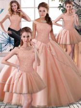 Amazing Off The Shoulder Sleeveless Brush Train Lace Up Ball Gown Prom Dress Peach Tulle