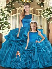 Modern Ball Gowns Quince Ball Gowns Teal Scoop Organza Sleeveless Floor Length Lace Up