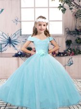  Aqua Blue Sleeveless Lace and Belt Floor Length Pageant Gowns For Girls